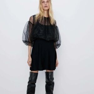 Zara black sheer dotted puff sleeve mini dress